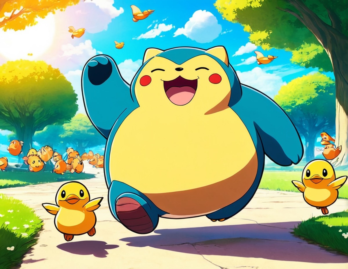 videogamefanart, pokemon, pikachu, anime, fanart, ducklings, snorlax, dailychallenge, free_download, ai_artwork