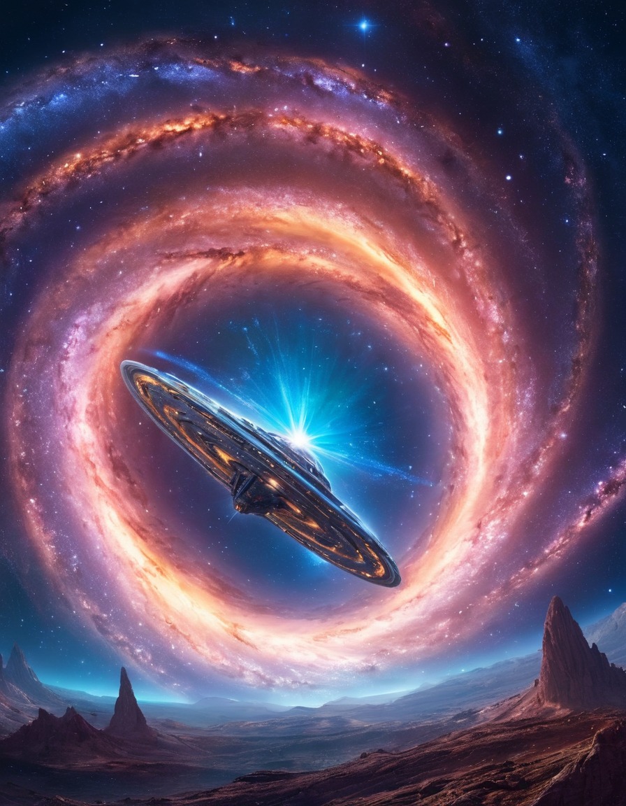 spaceship, warp speed, spiral galaxy, science fiction, exploration, space, stars