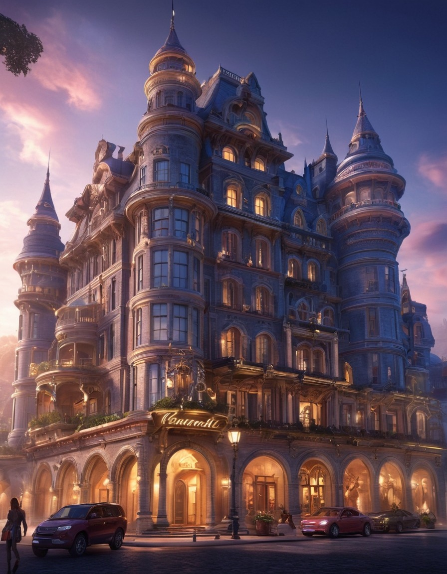 fantasy, hotel, fictional creatures, city, urban, magical, accommodation