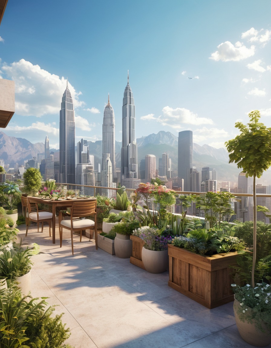 rooftop garden, cityscape, skyscrapers, mountains, urban oasis, nature, city