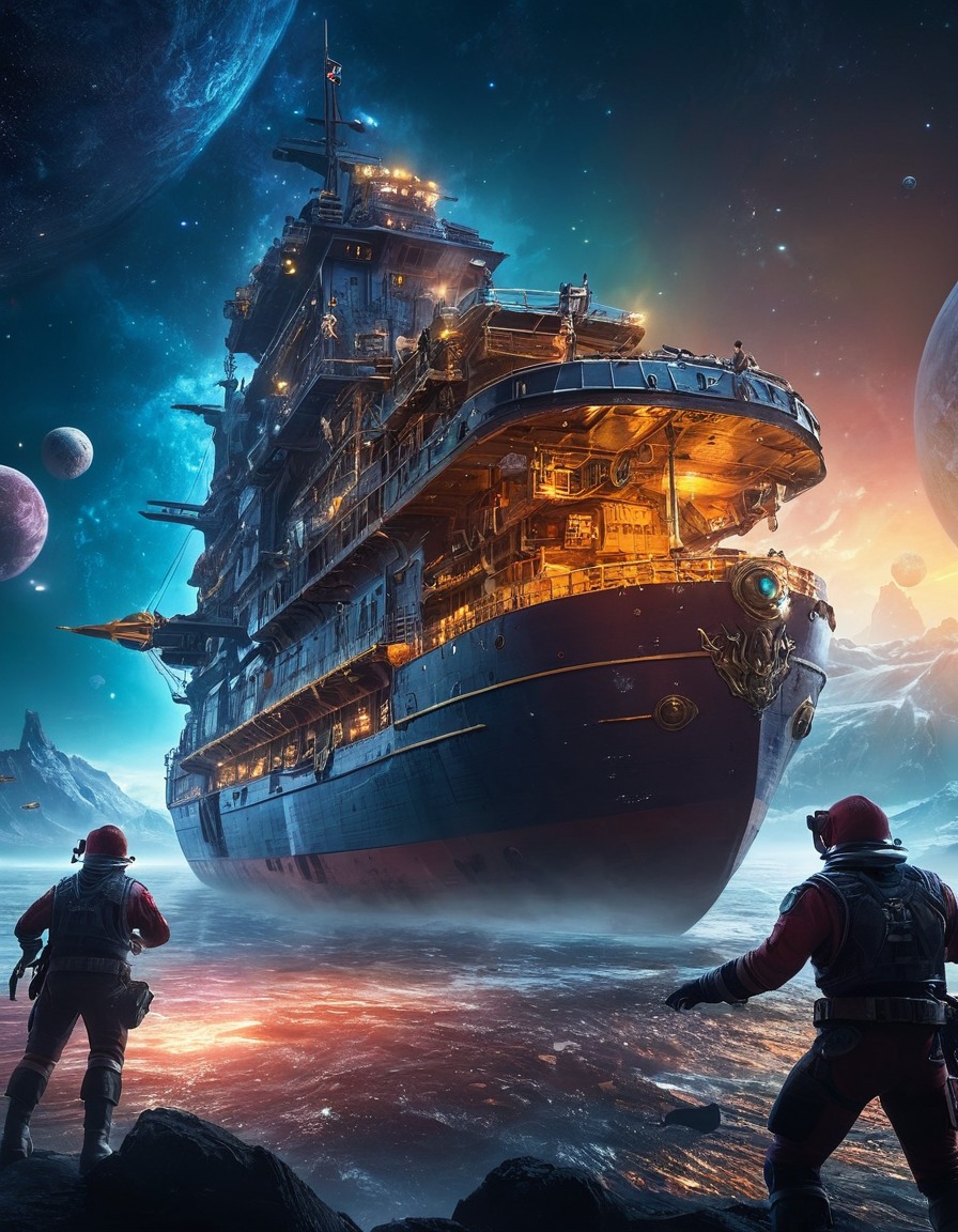 space pirates, looting, cargo ship, space scene, outer space, space adventure, scifi