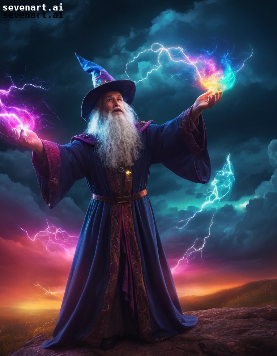 wizard, magic, storm, colors, night sky