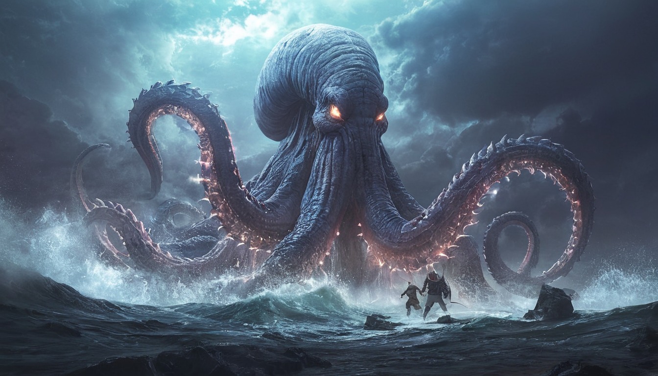 fantasyart, digitalpainting, monster, creature, sea, octopus, digitalart, horror, fanart, epic, artforsale, beast, dnd, fantasy, fantasycharacter, myth, squid, dndcharacters, adoptableoc, adoptablesopen, dailychallenge, adoptai, aiadoptable, midjourney, midjourneyart, midjourneyartwork