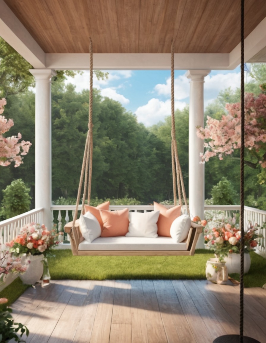 porch, swing, pillows, blooming garden, home, interior