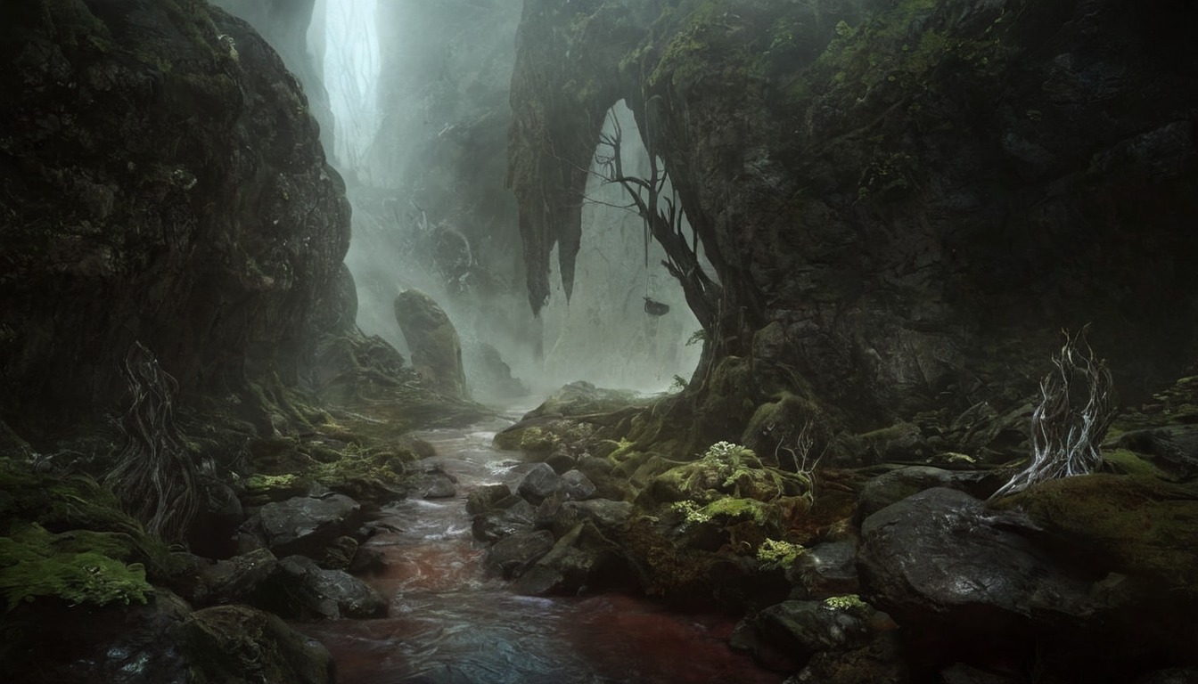 concept, path, environment, exile, forest, game, jungle, mattepainting, mood, painting, ruin, screen, waterfall, art, photobas