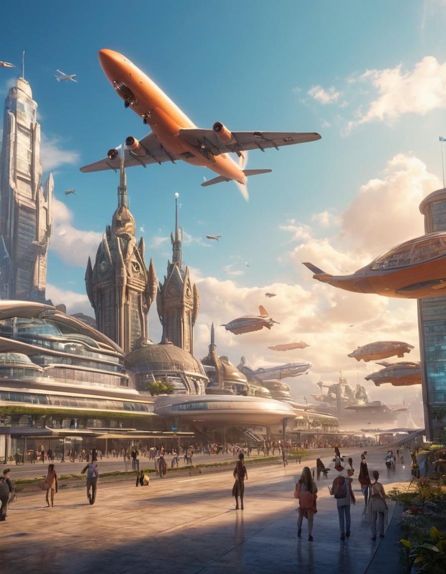 airport, fantasy, magical creatures, fictional city, enchanted beings, metropolis, magic