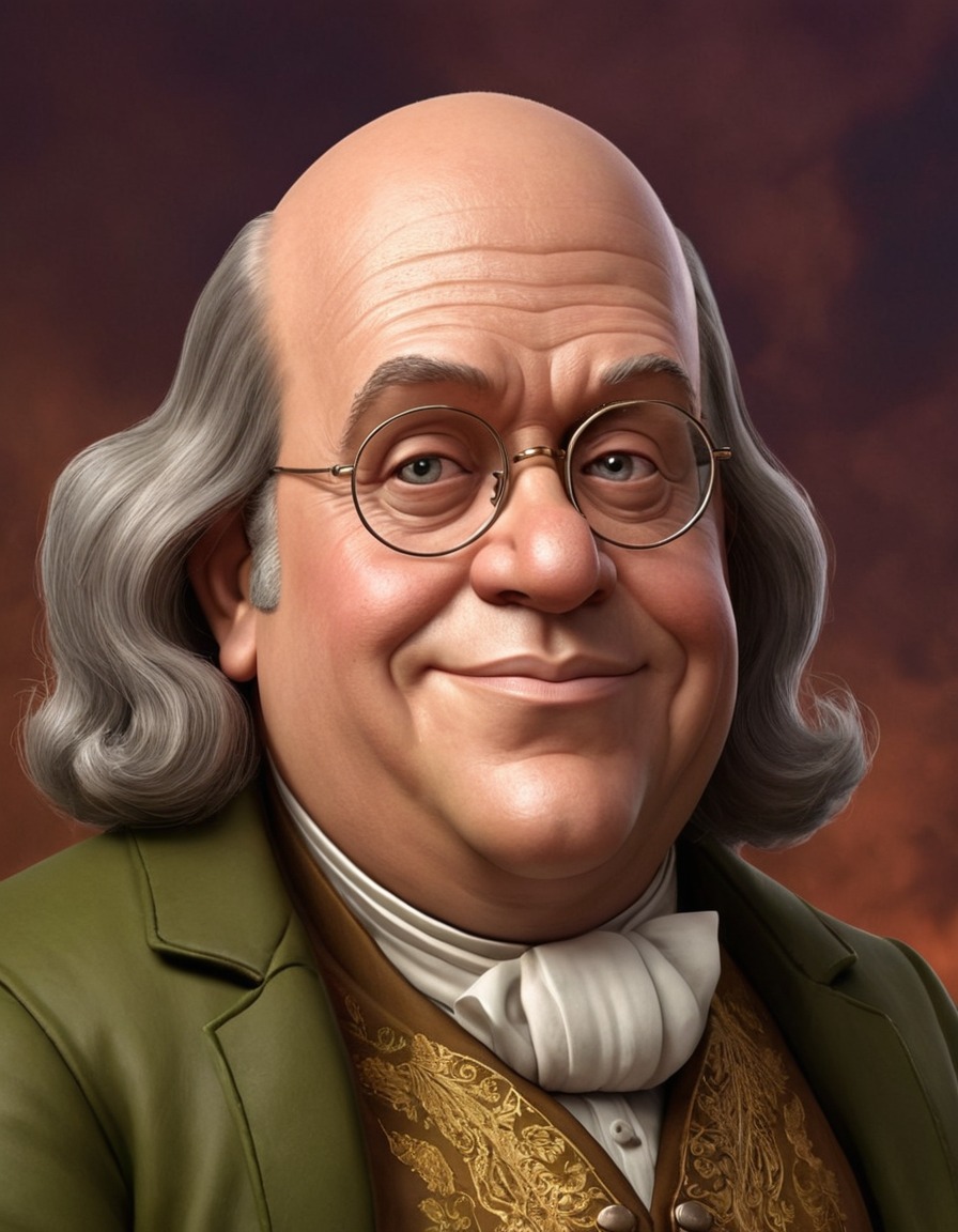 benjamin franklin, caricature, exaggerated features, humorous, cartoon, funny