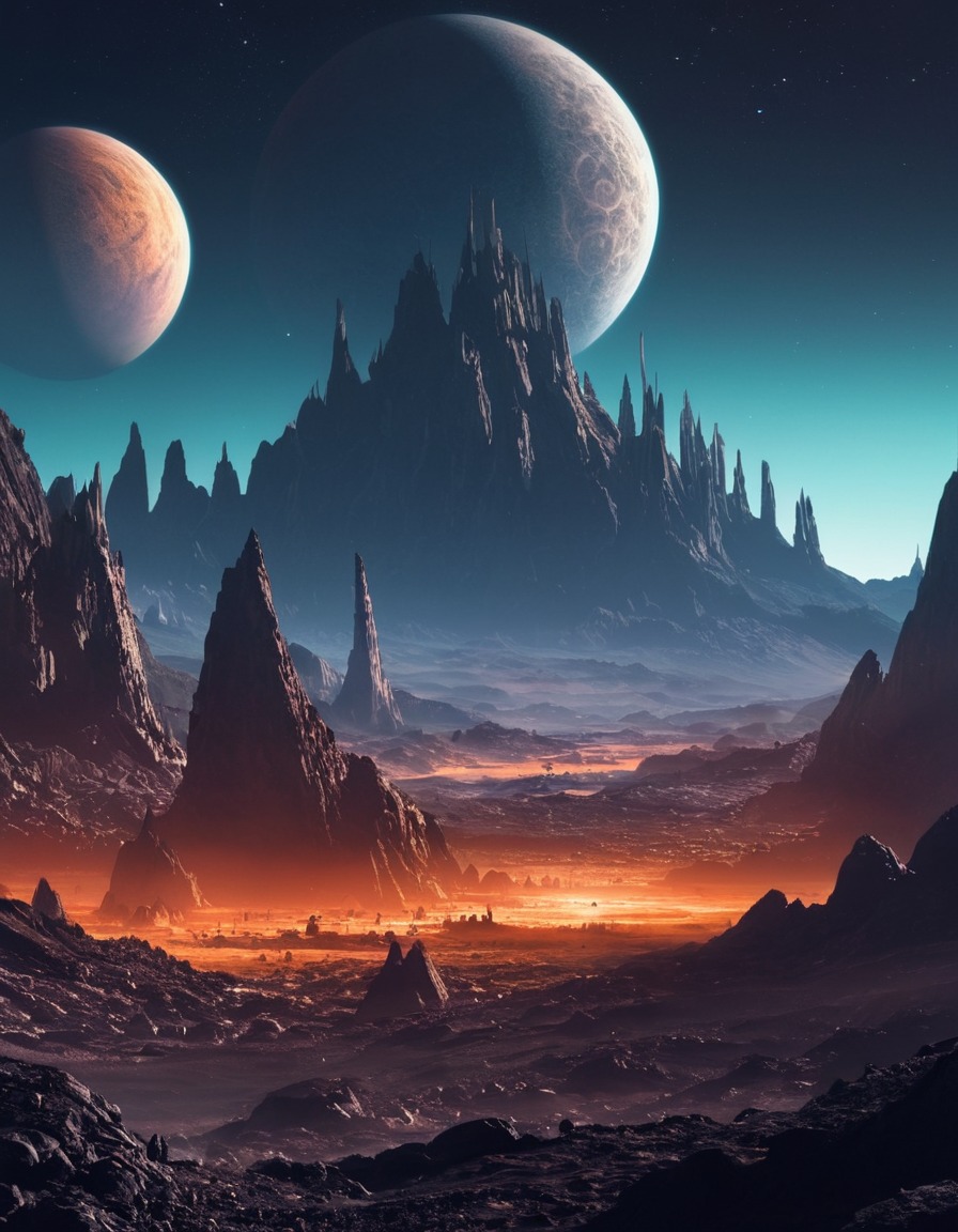 alien civilization, exoplanet, futuristic, rocky landscape, sci-fi, space, stars