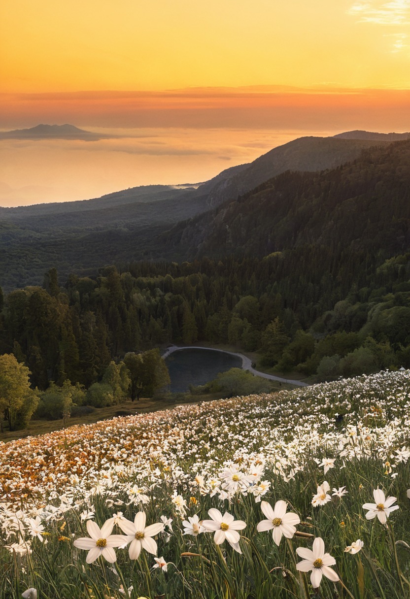 switzerland, landscape, sunset, flower fields, flower field, wild flowers, white flowers, nature, flowers, cottage