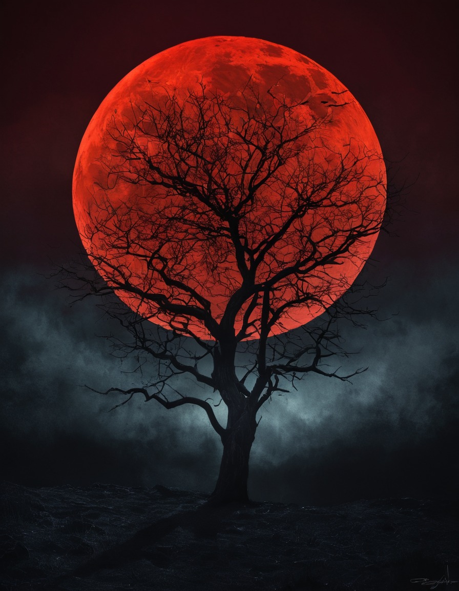 tree, silhouette, blood-red moon, night sky, nature, astronomy, gothic, underground, dark