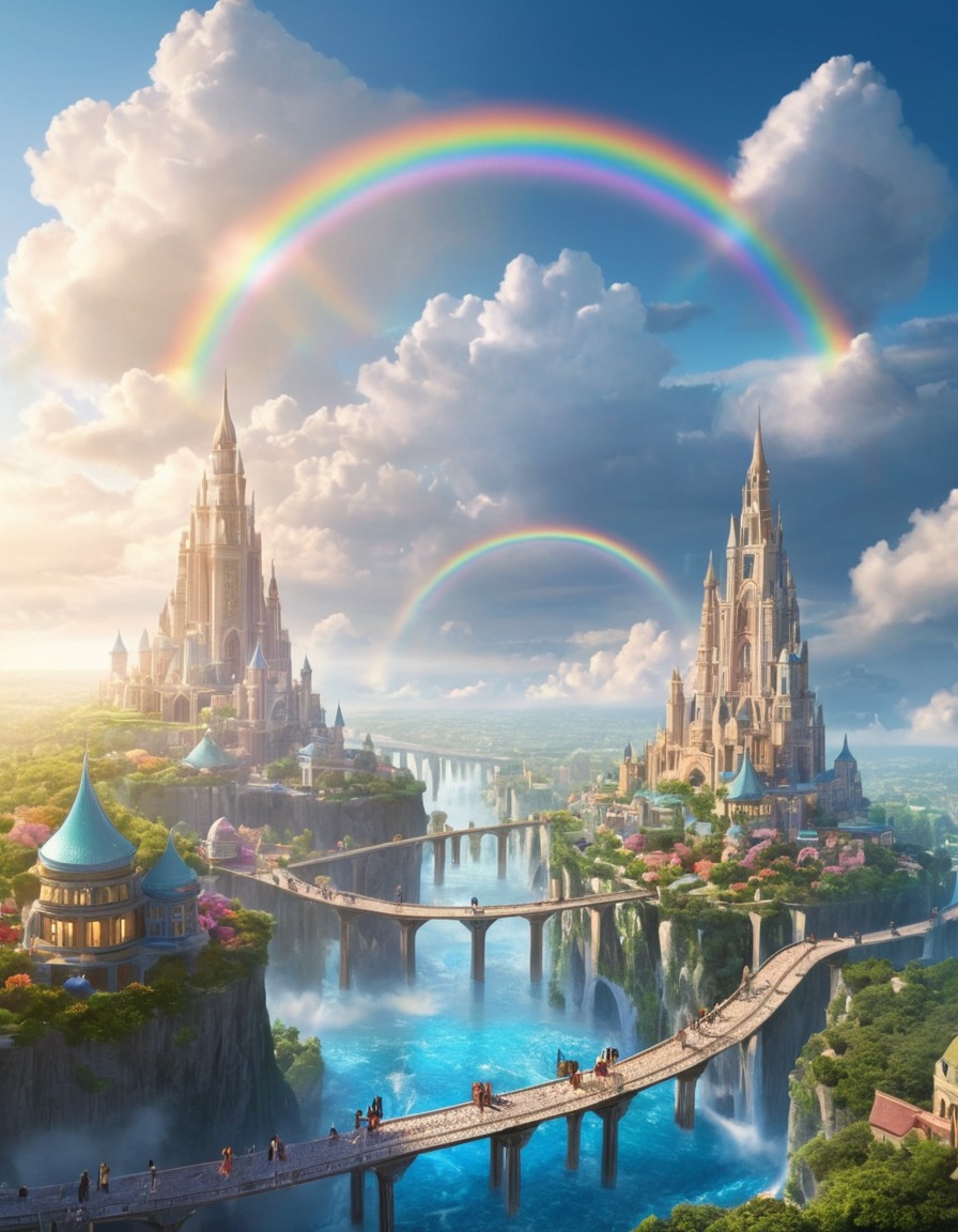 floating city, clouds, rainbow bridges, fantasy scene, skytopia