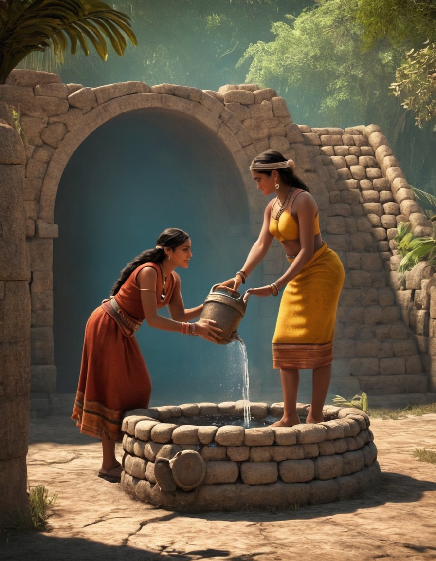 ancient civilization, mesoamerica, women, water collection, communal well, historical scene, 1200 ad