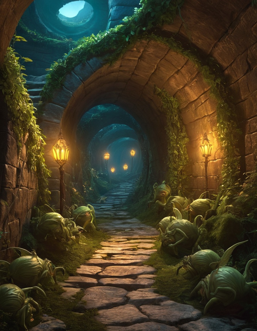 labyrinth, twisting tunnels, mischievous goblins, fantasy, adventure, subterranean, mystery