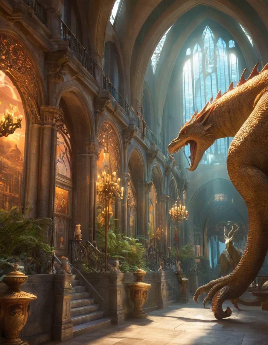 museum, fantasy, big city, fictional creatures, fantastic, imaginary animals, magic