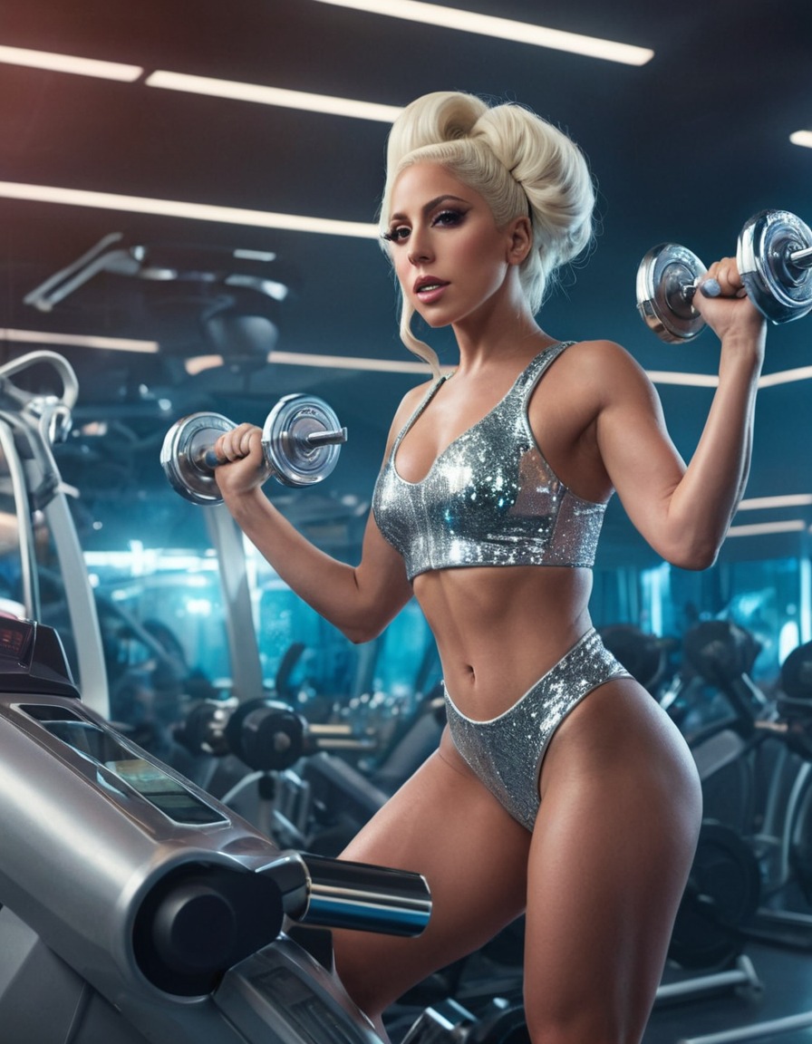 lady gaga, gym, workout, futuristic, sparkly, exercise, pop star