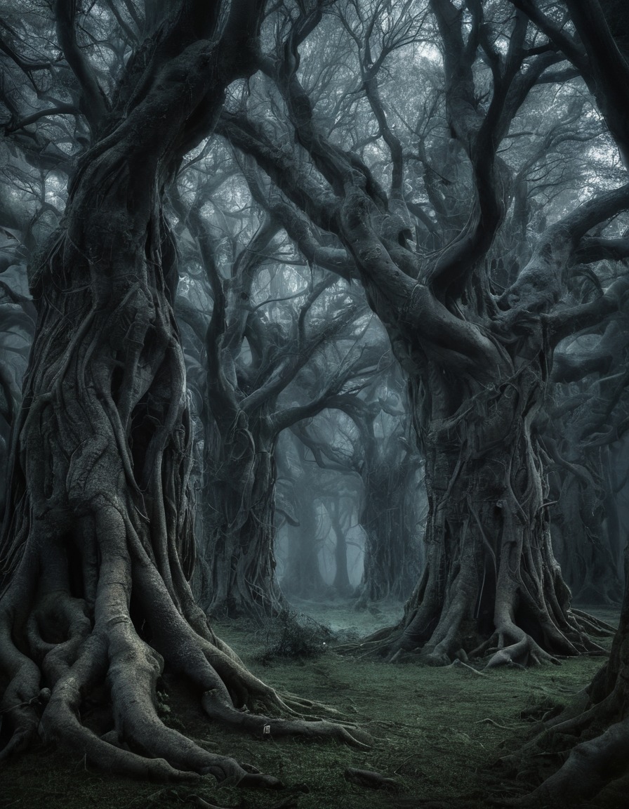 mystical, ancient trees, grove, secrets, whispers, nature, magic