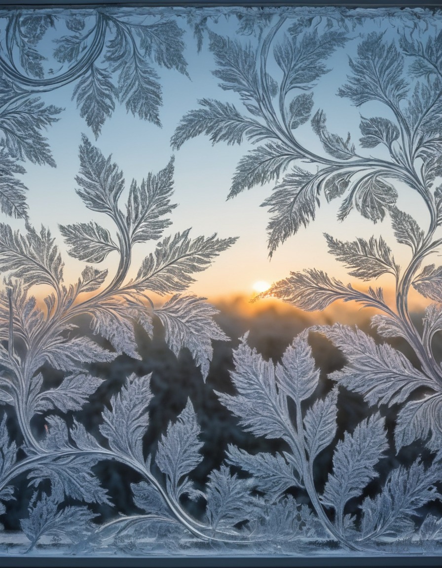 frost, pattern, window, glass, dawn