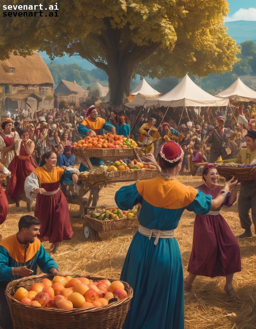 festive, village, celebration, harvest, performers, middle ages