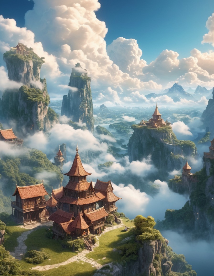 hidden village, clouds, winged people, fluffy animals, fantastic