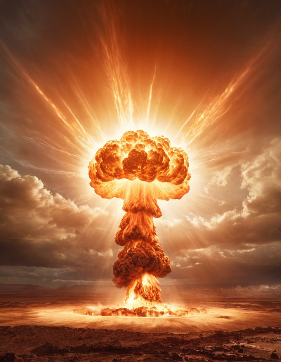 nuclear explosion, bright flash, dramatic, destruction, blinding, apocalypse, nuclear, weapon, explosion