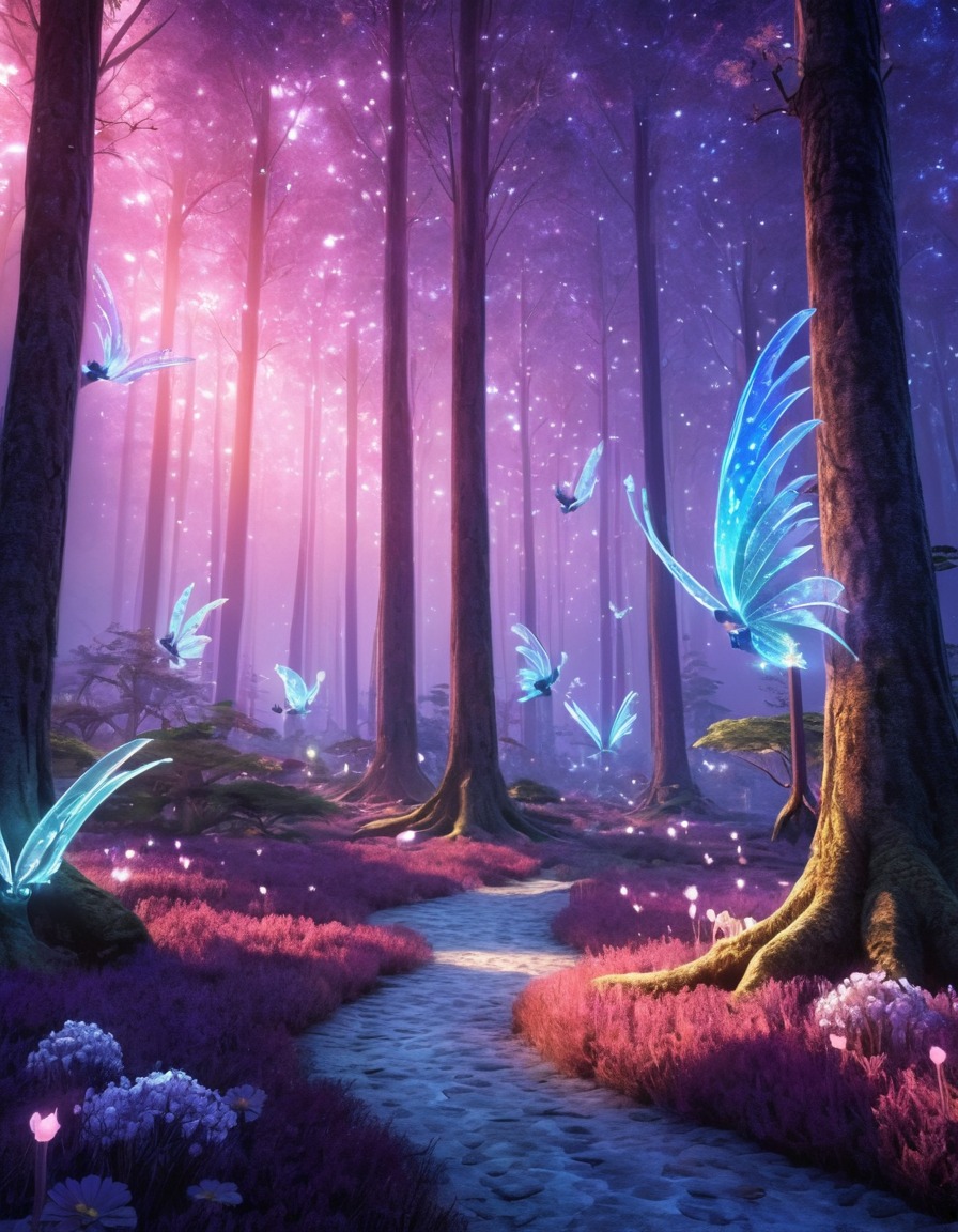 magical forest, glowing crystals, iridescent wings, fantasy, enchanting, nature, animals, fantastic