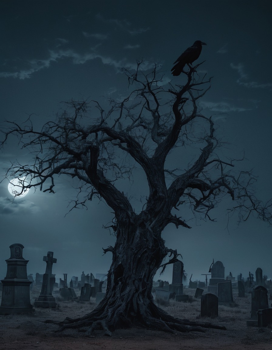 graveyard, crow, tree, midnight, gothic, underground, dark