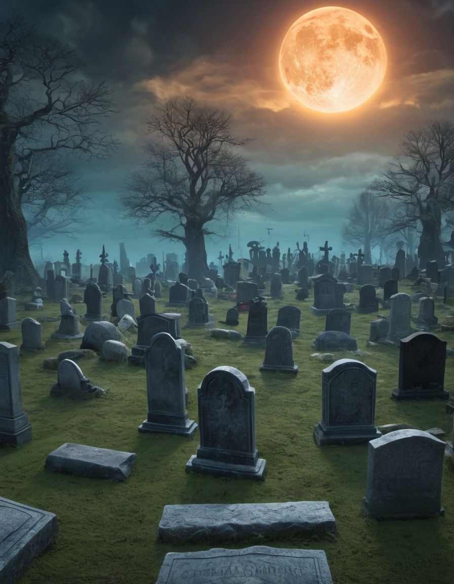 haunted graveyard, ghostly apparitions, fantasy scene, spooky atmosphere, supernatural entities, eerie setting