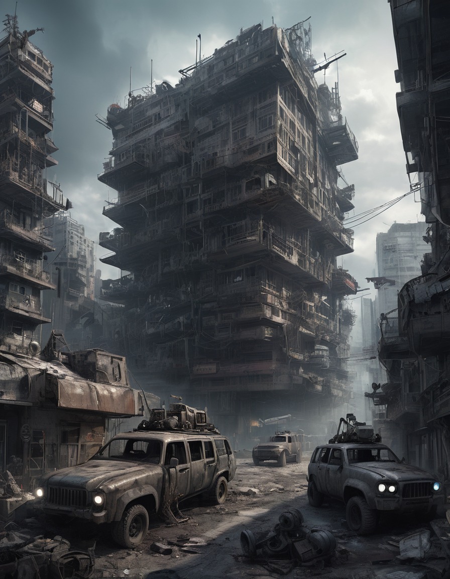 dystopian, cityscape, scavengers, bizarre vehicles, mad max