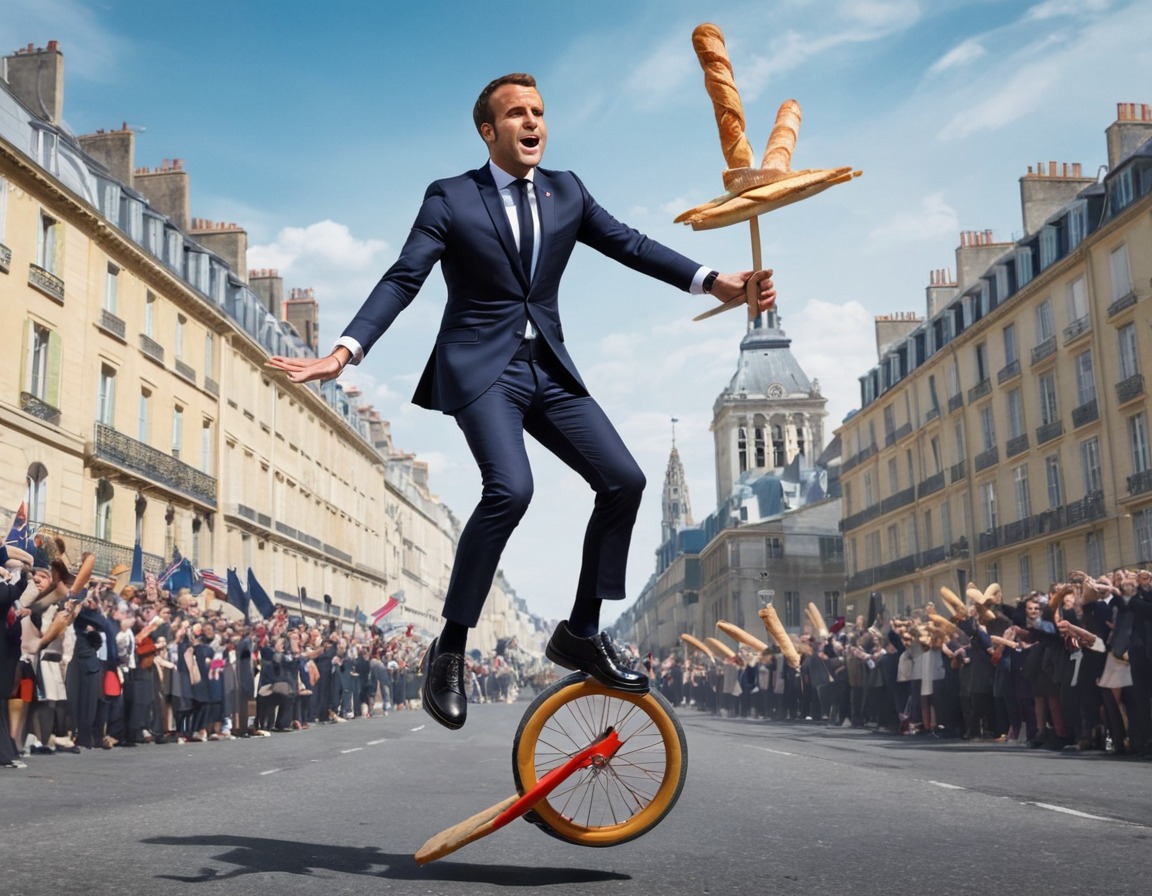 humor, macron, baguette, juggling, unicycle, emmanuel macron, france