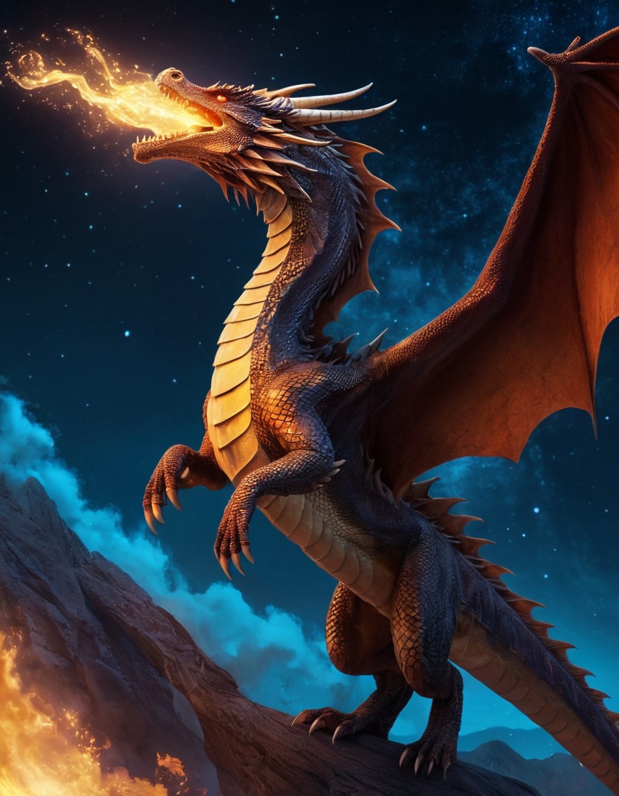 fantasy, dragon, fire, night, stars