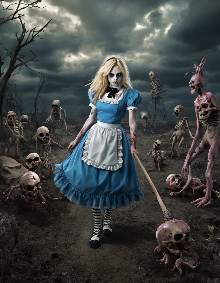 alice in wonderland, zombie, transformation, whimsical landscape