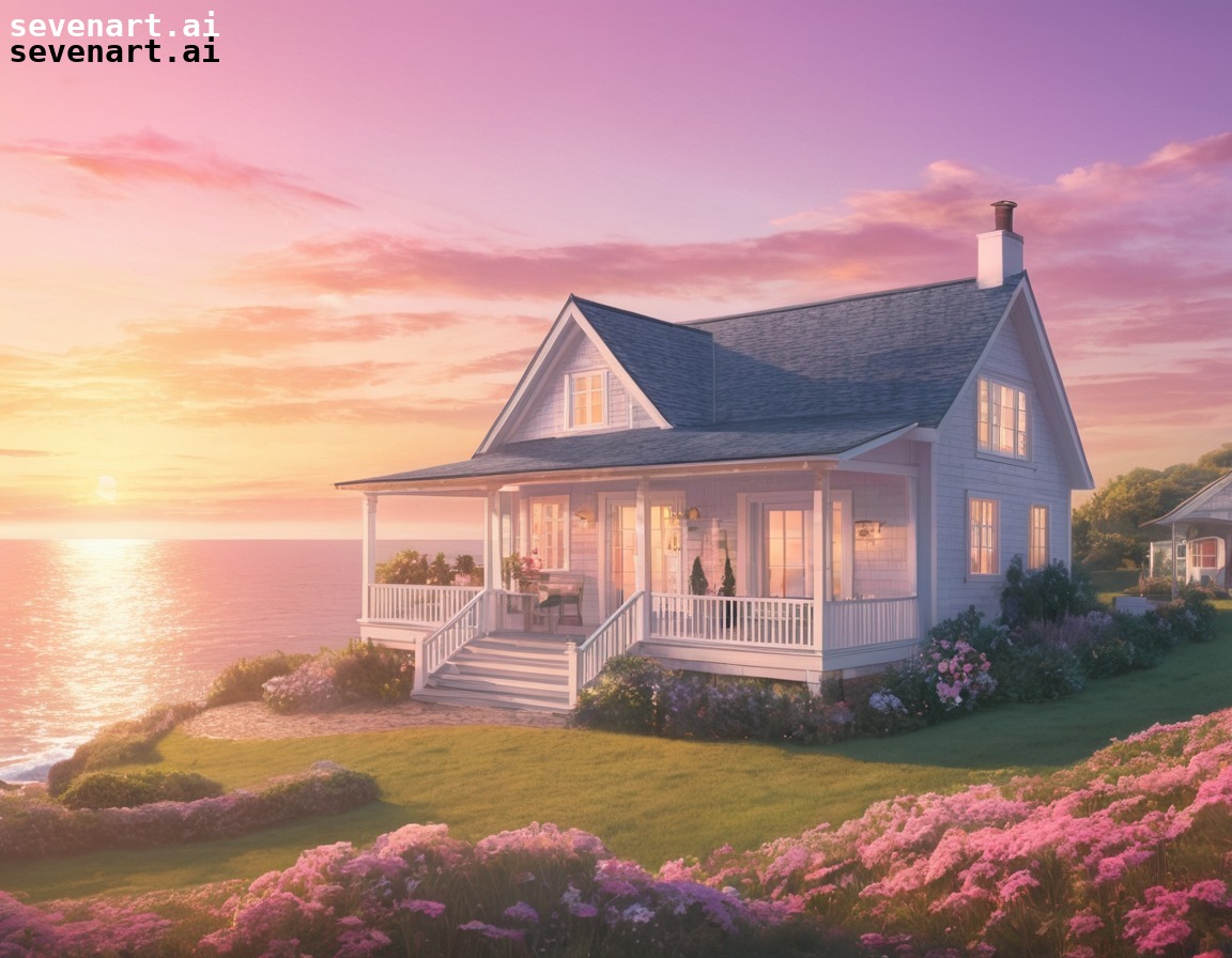 coastal, cottage, ocean, sunset, serene, house, home