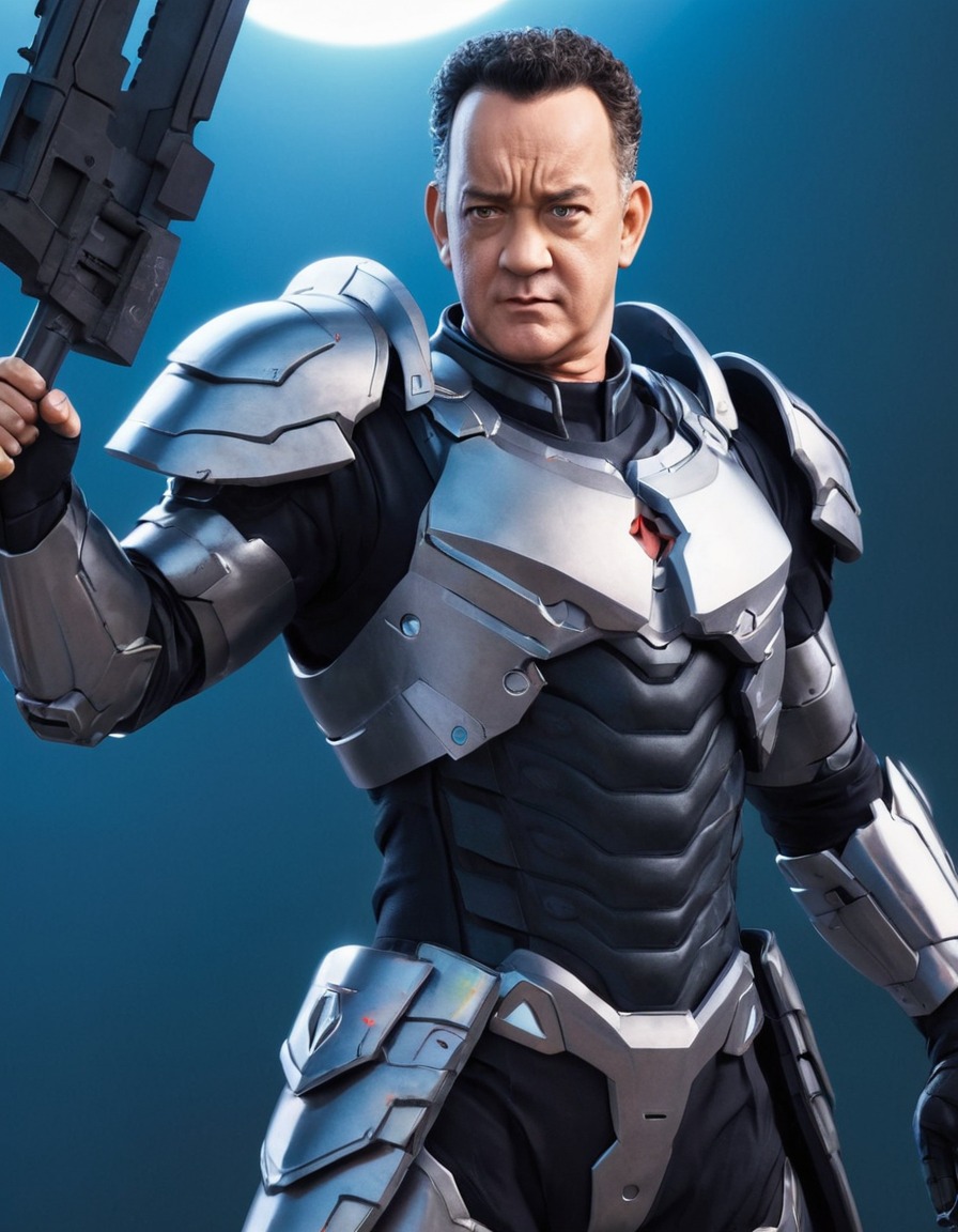 tom hanks, anime, protagonist, futuristic armor, extraordinary weapon, illustration