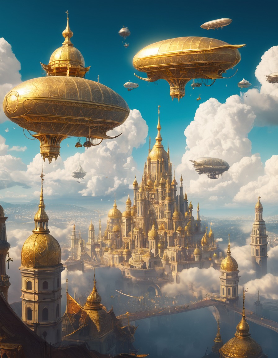 fantasy, cloud city, airships, mystical, flying carpets, fantastic