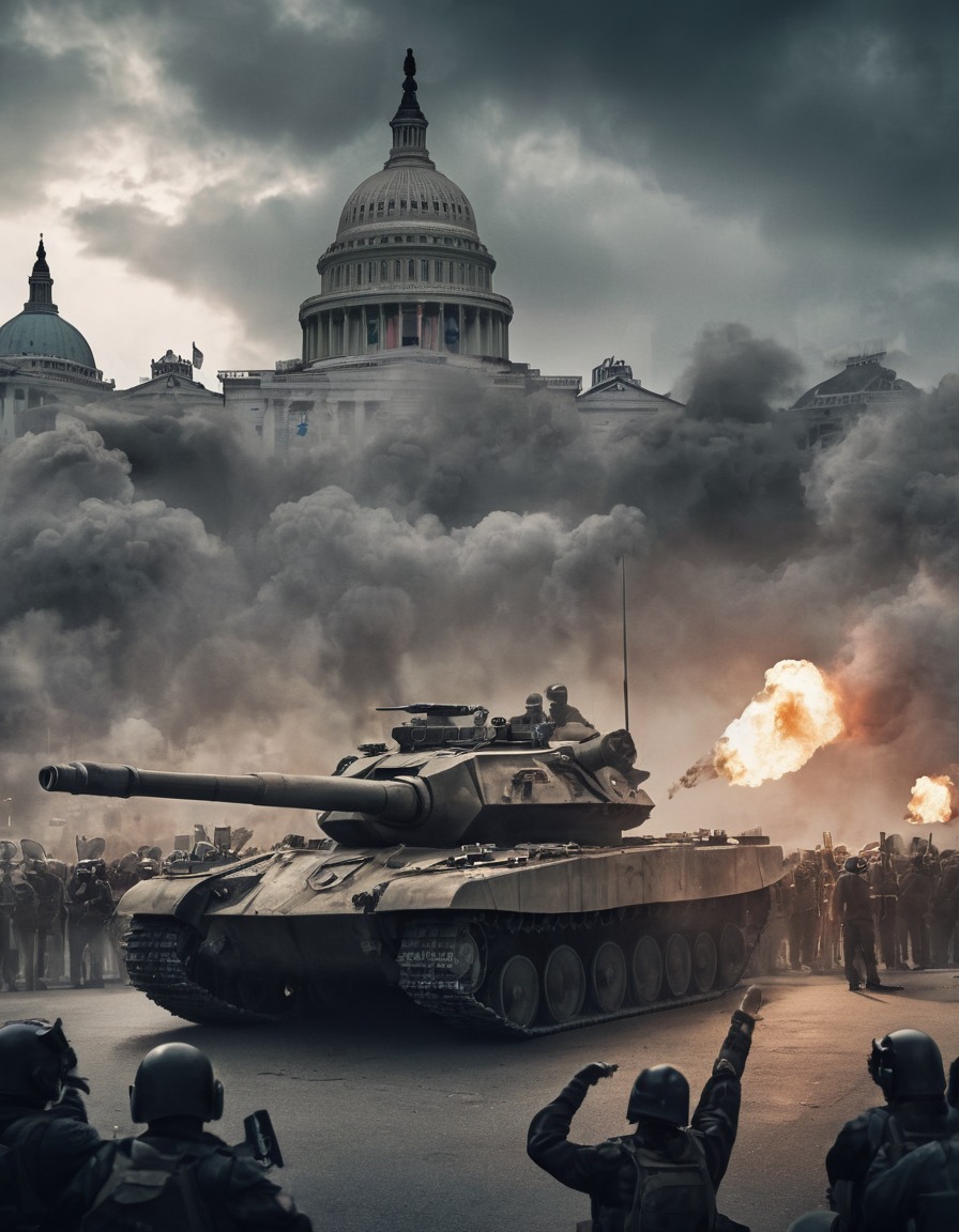 protesters, tanks, surreal, city landmarks, confrontation, war, usa