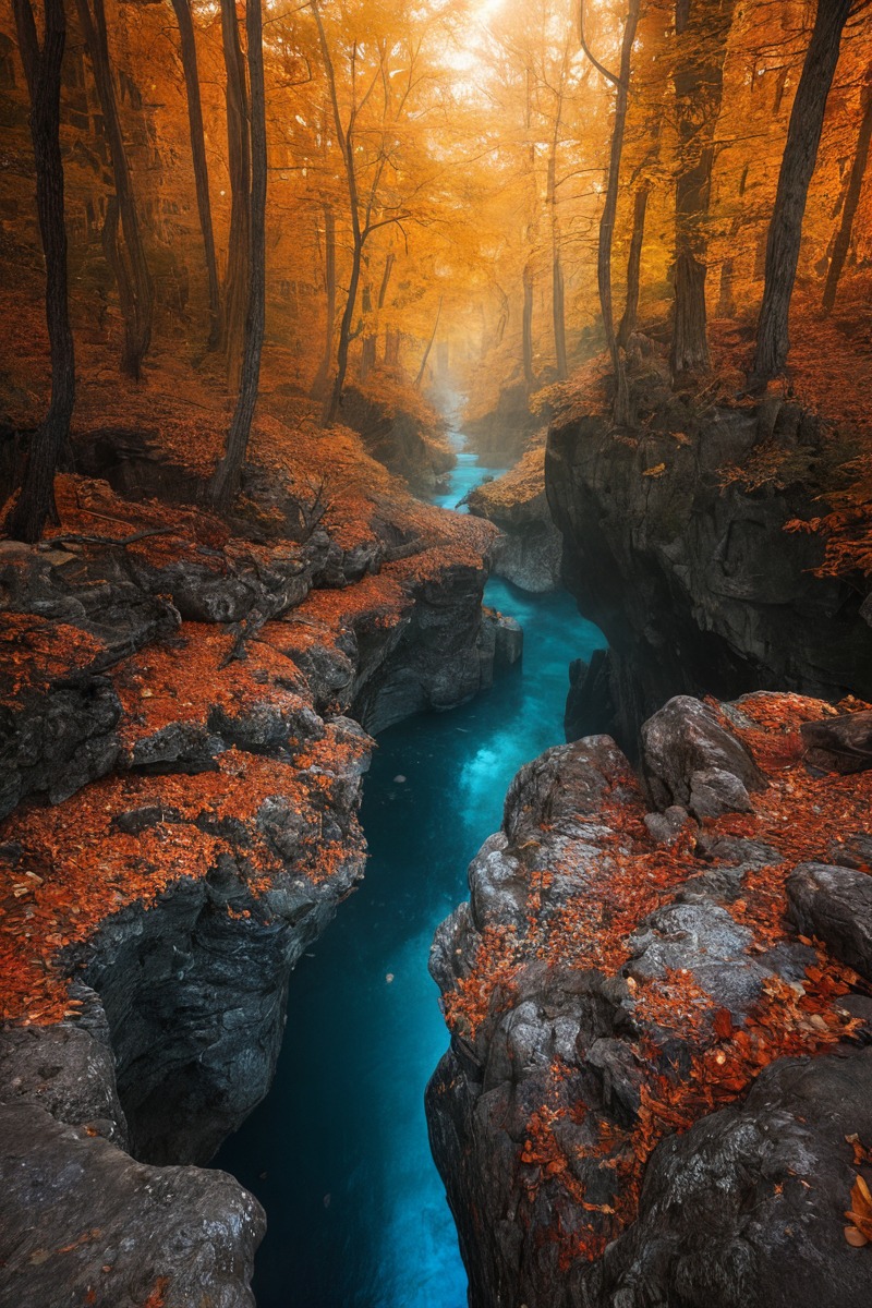 autumn, creek, forest, landscape, orange, red, river, slovenia, tree, korita, mostnice