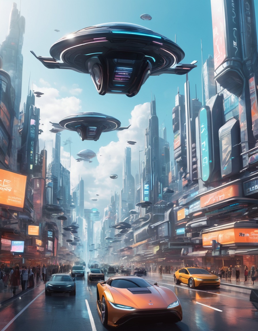 futuristic, cityscape, flying cars, holographic technology, urban landscape, future