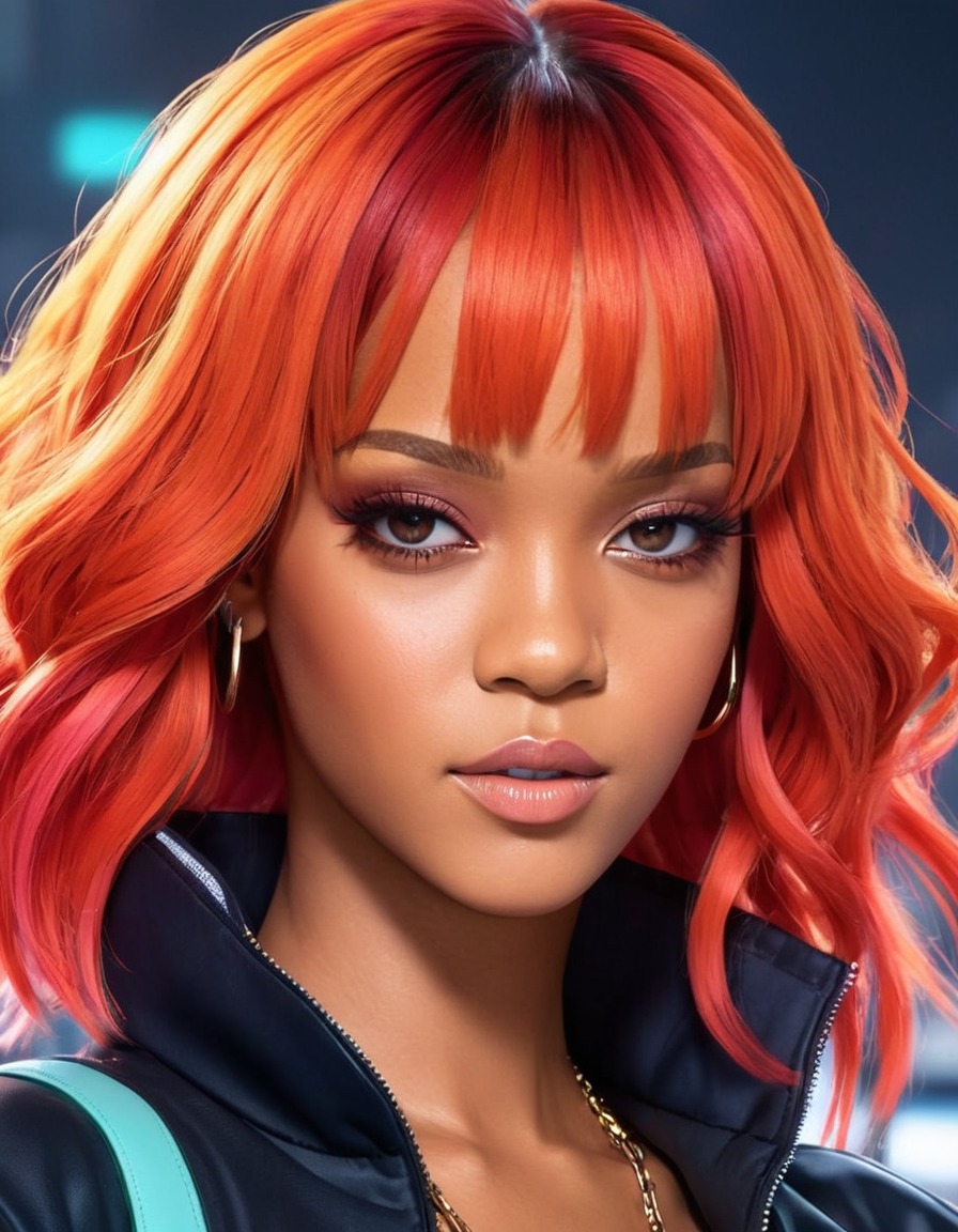 rihanna, anime, vibrant hair, futuristic fashion, pop culture