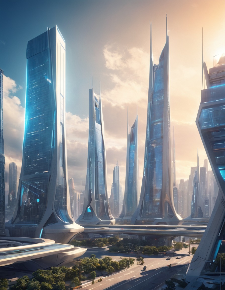 futuristic, cityscape, modern style, architecture, geometric buildings