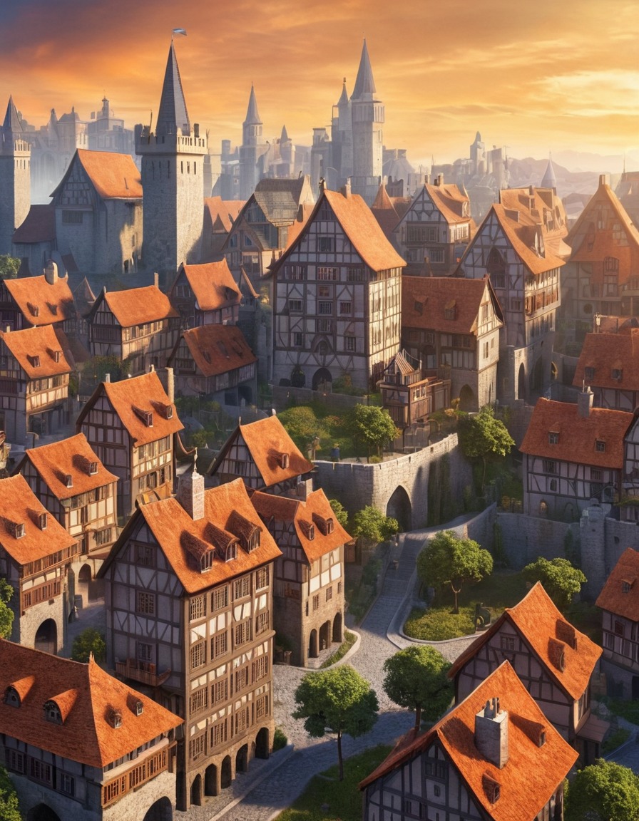 medieval village, skyscrapers, office buildings, architecture, fusion, fantasy, medieval, art