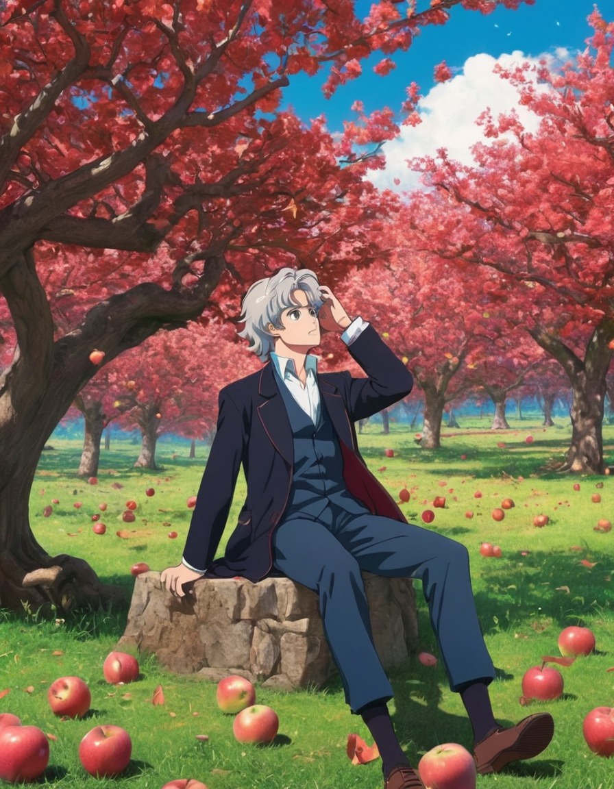 isaac newton, apple tree, falling apple, physics, gravity, anime