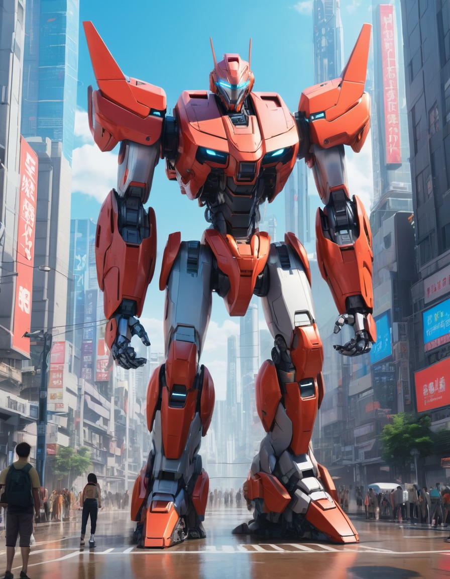 elon musk, futuristic, cybernetic enhancements, mecha robot, high-tech cityscape, anime