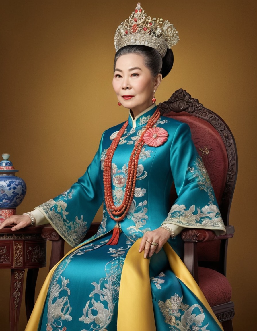 empress dowager cixi, caricature, modern fashion, humor, funny