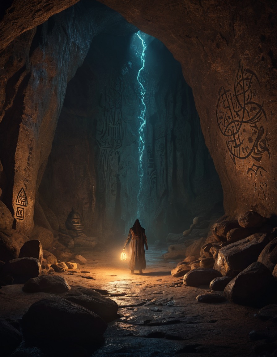 cave, shadowy figure, ancient runes, eerie symbols, darkness, lovecraft, howard lovecraft