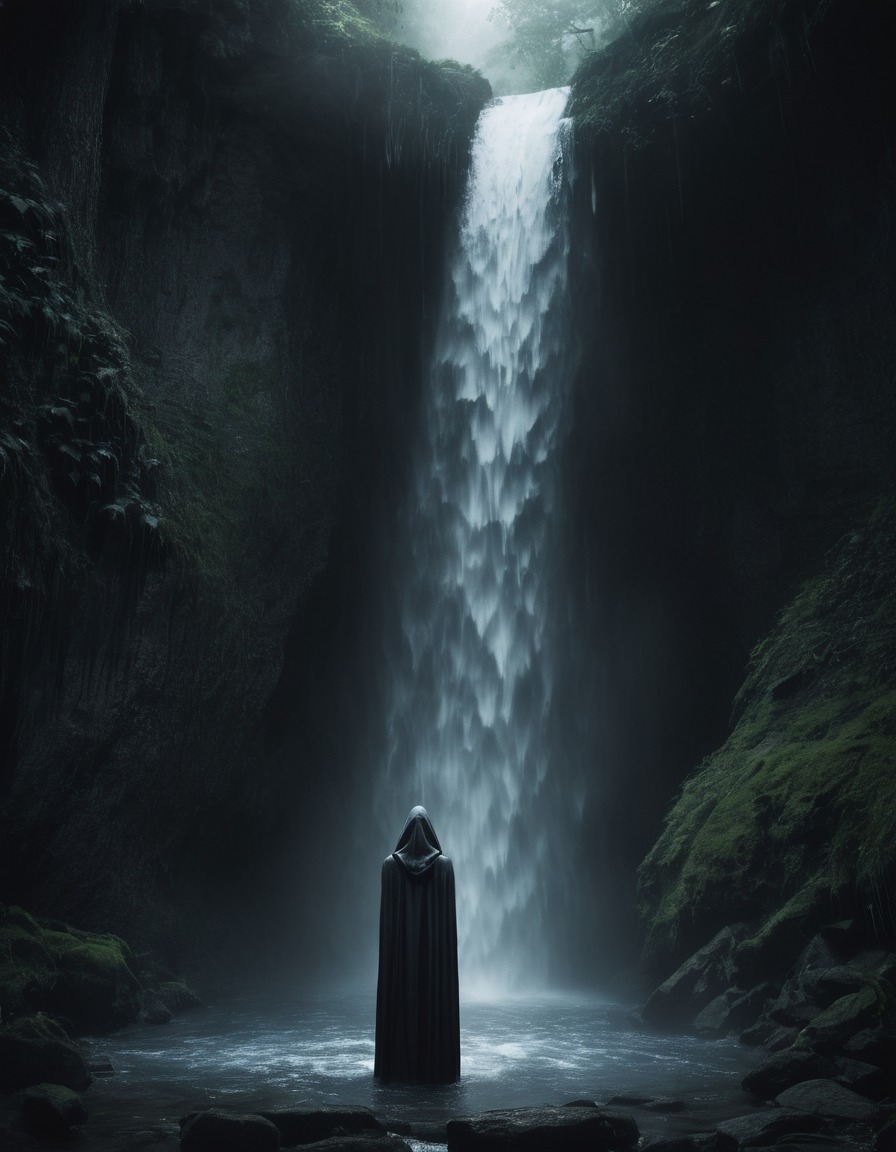 mystical, hooded figure, chanting, waterfall