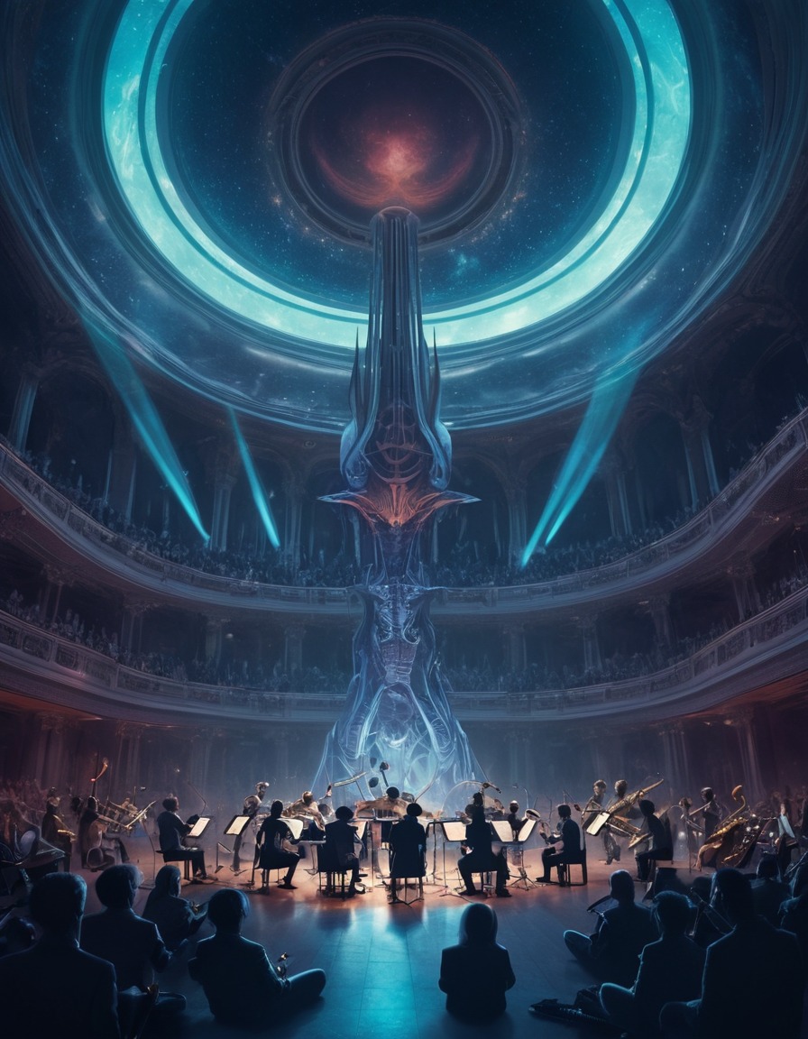 alien, musicians, otherworldly, instruments, concert hall, extraterrestrial, aliens