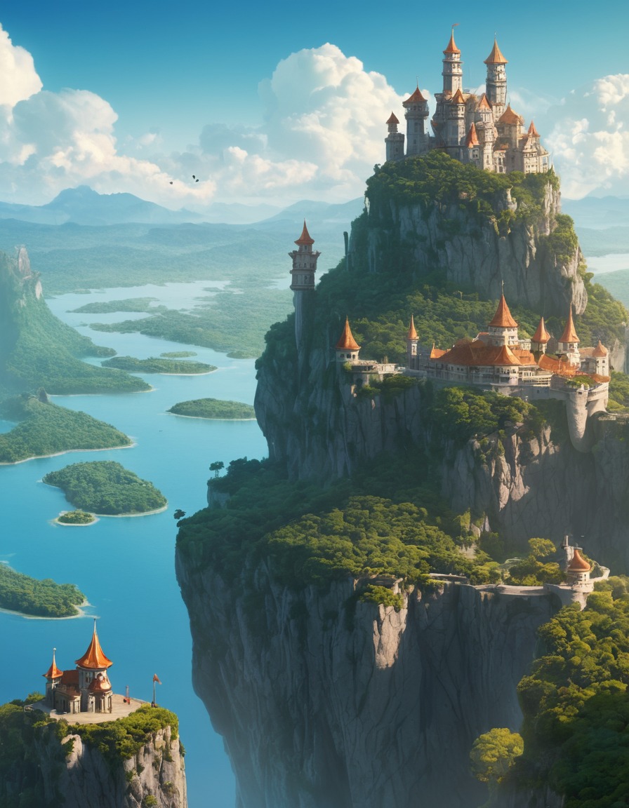 castle, cliff, valley, floating islands, fantasy, fantastic