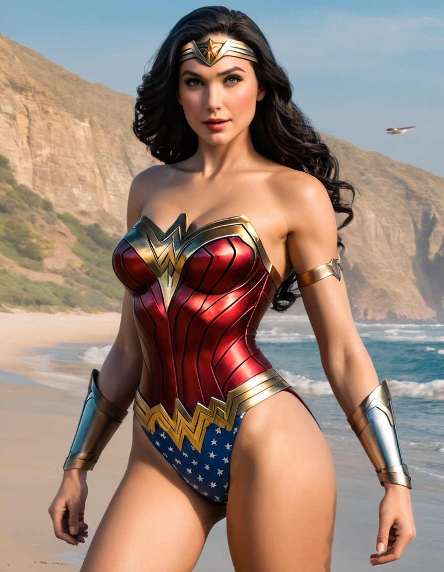 beach, wonder woman, dc comics, superhero, swimsuit, comic character, powerful woman