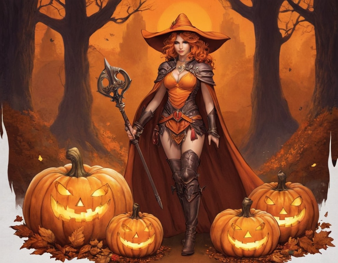 videogamefanart, magic, witch, halloween, dreamup, fantasycharacter, warrior, fantasyart, sorceress, spooky, pumpkinspice, ai_art