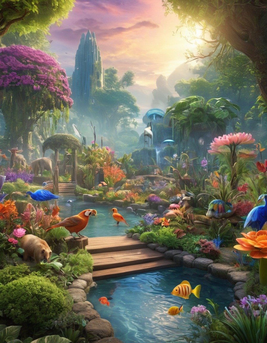 magical garden, sentient plants, animals, harmony, fantasy, colorful ecosystem, botanical wonderland, fantastic